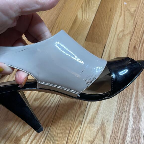 Ann Taylor spats style open toed heels taupe black patent 6 - Picture 6 of 9